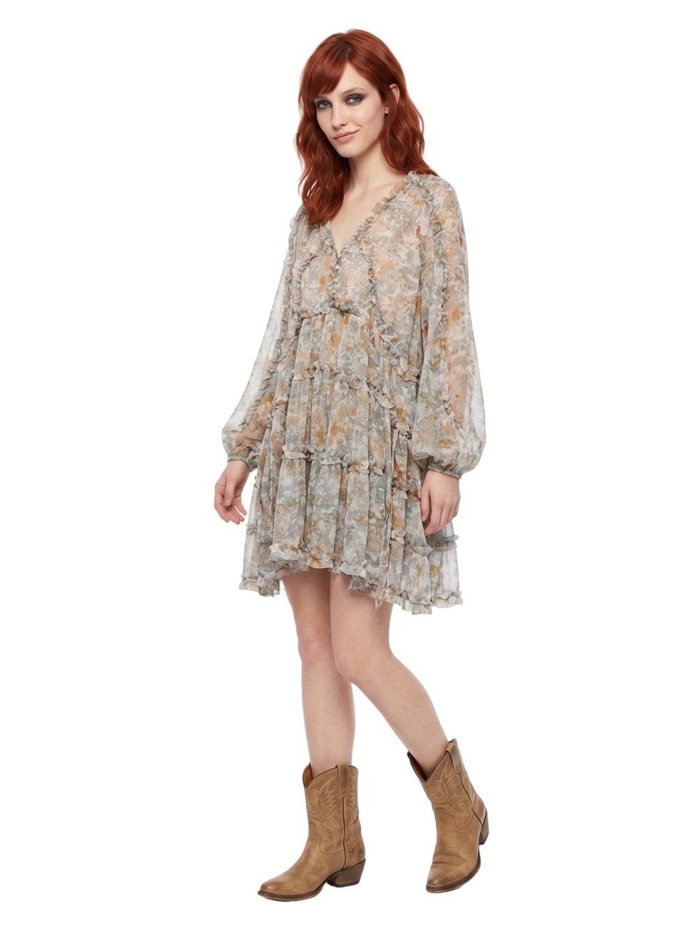 OPT Green Gray longsleeve V neck Chiffon mini dress Ruffle trim Adjustable ties - Picture 2 of 16